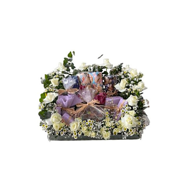 White Roses & Purple Floral Gift Basket In Acrylic Tray For Birthday - Abu Dhabi in Abu Dhabi | Birthday Flowers / Bouquet (All Genders) Delivery UAE – Legrandeuae