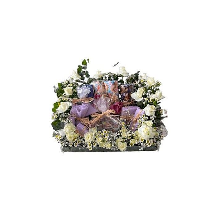 Mothers Day White Roses & Purple Floral Gift Basket In Acrylic Tray - Abu Dhabi in Abu Dhabi | Birthday Flowers / Bouquet (All Genders) Delivery UAE – Legrandeuae