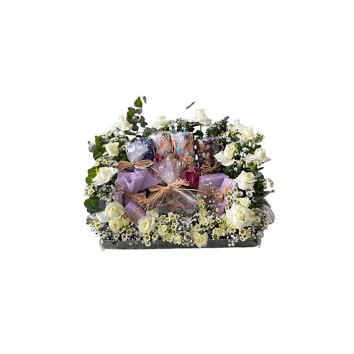 Mothers Day White Roses & Purple Floral Gift Basket In Acrylic Tray - Abu Dhabi in Abu Dhabi | Birthday Flowers / Bouquet (All Genders) Delivery UAE – Legrandeuae