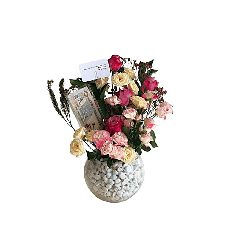 Birthday Gift Pink & Cream Rose Flower Arrangement in Pebble Vase - Abu Dhabi in Abu Dhabi | Birthday Flowers / Bouquet (All Genders) Delivery UAE – Legrandeuae