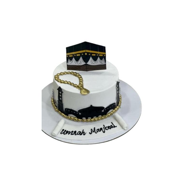 Custom Umrah Mubarak cake Featuring a Black and Gold Kaaba Topper and Edible Prayer Beads - Abu Dhabi