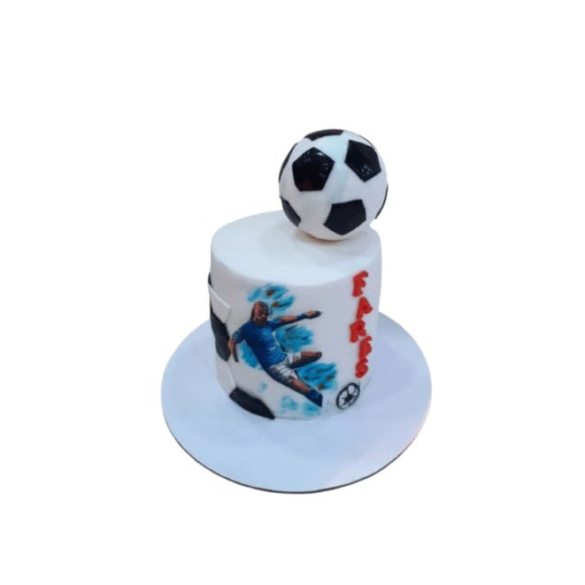custom soccer cake features a 3D soccer ball topper and hand-painted side details - Abu Dhabi in Abu Dhabi | Football Cakes Delivery UAE – Legrandeuae