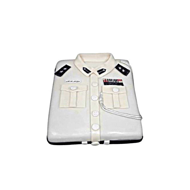 Custom White Pilot Officer Uniform Fondant Cake Featuring Epaulettes, Badges, And Pockets For a Promotion or Retirement And Birthday Celebration Cake in Abu Dhabi | Delivery UAE – Legrandeuae