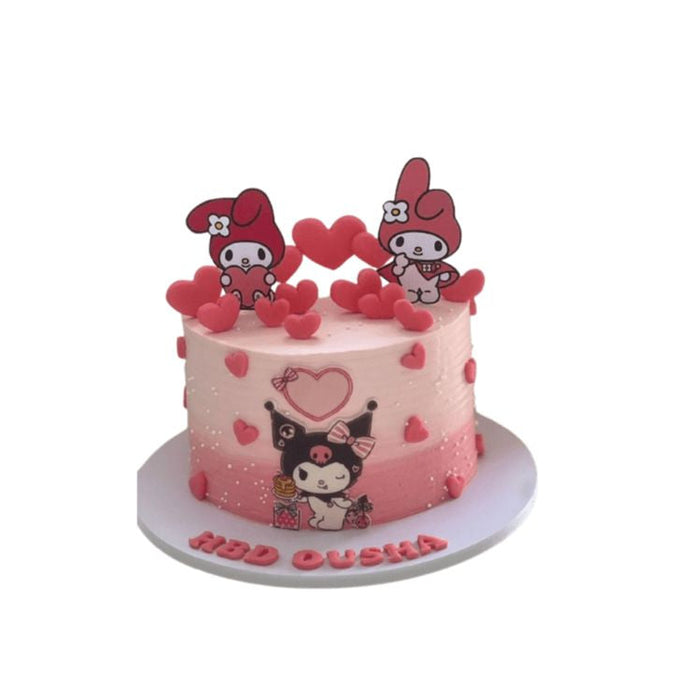 Pink Kuromi Melody Cake, featuring popular Sanrio Characters Kuromi and My Melody Decorated with a Gradient Pink Buttercream Frosting and Adorned with Multiple Heart-Shaped Toppings - Abu Dhabi