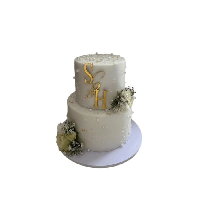 Classic Two-Tier White Cake with Gold Monogram & Fresh Flower - Abu Dhabi in Abu Dhabi | Bride to be / Groom Cakes Delivery UAE – Legrandeuae