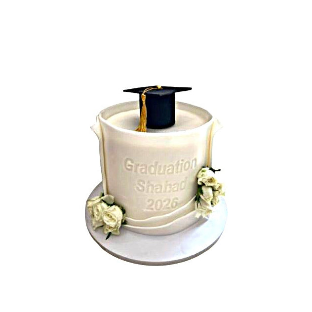 Elegant Graduation Cake with Graduation Cap topper & Fresh White Roses – Abu Dhabi in Abu Dhabi | Graduations Cakes Delivery UAE – Legrandeuae