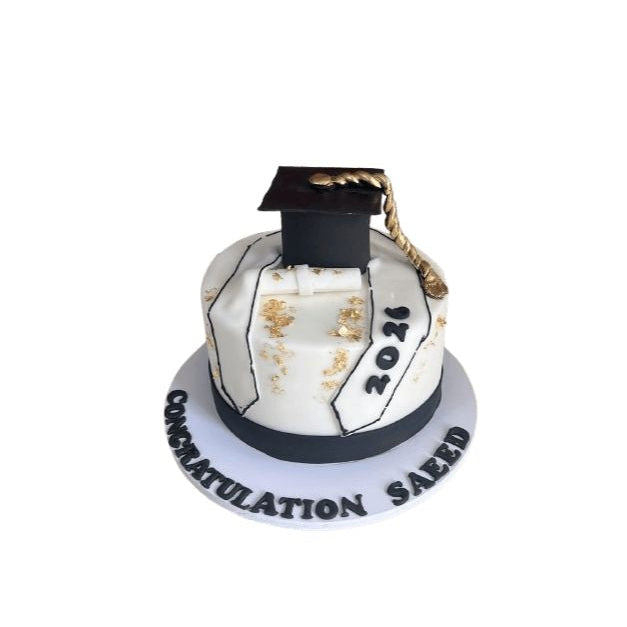 Luxury Black, White & Gold Graduation Cake with Graduation Stole & Gold Leaf – Abu Dhabi in Abu Dhabi | Graduations Cakes Delivery UAE – Legrandeuae