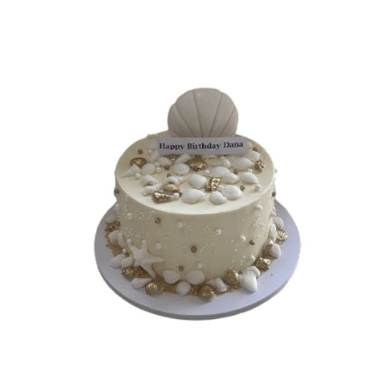 Elegant White & Gold Seashell Birthday Cake with Pearl Accents | Abu Dhabi & UAE Delivery in Abu Dhabi | Birthday Cakes – Adults Delivery UAE – Legrandeuae