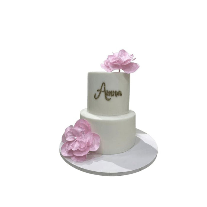 Elegant 2-Tier White Cake with Pink Floral Accents - Abu Dhabi in Abu Dhabi | Birthday cakes - Children Delivery UAE – Legrandeuae