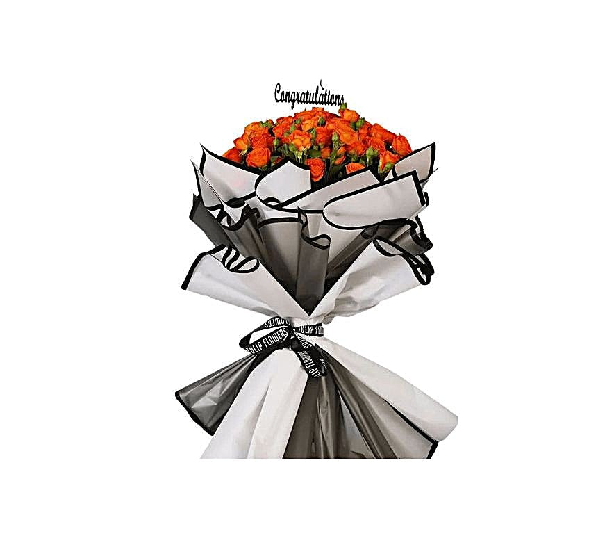 Orange Graduation Flower Bouquet with Black & White Wrap – Premium Celebration Flowers | Abu Dhabi & UAE Delivery in Abu Dhabi | Graduation Day Flowers Delivery UAE – Legrandeuae