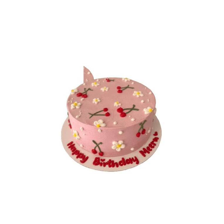 Pink Floral Birthday Cake with Cherry Decorations - Abu Dhabi