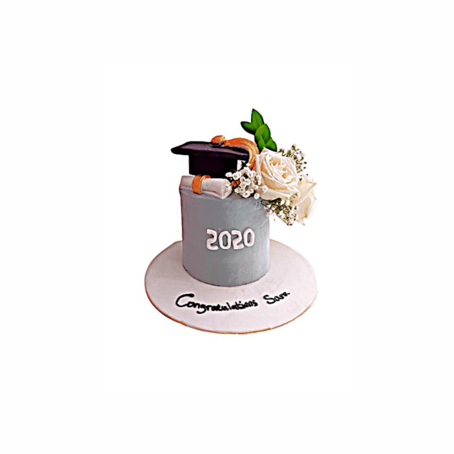 Victory Vibes Graduation Cake in Grey with Fresh Flowers, Certificate & Cap – Luxury Cake | Abu Dhabi & UAE Delivery in Abu Dhabi | Graduations Cakes Delivery UAE – Legrandeuae