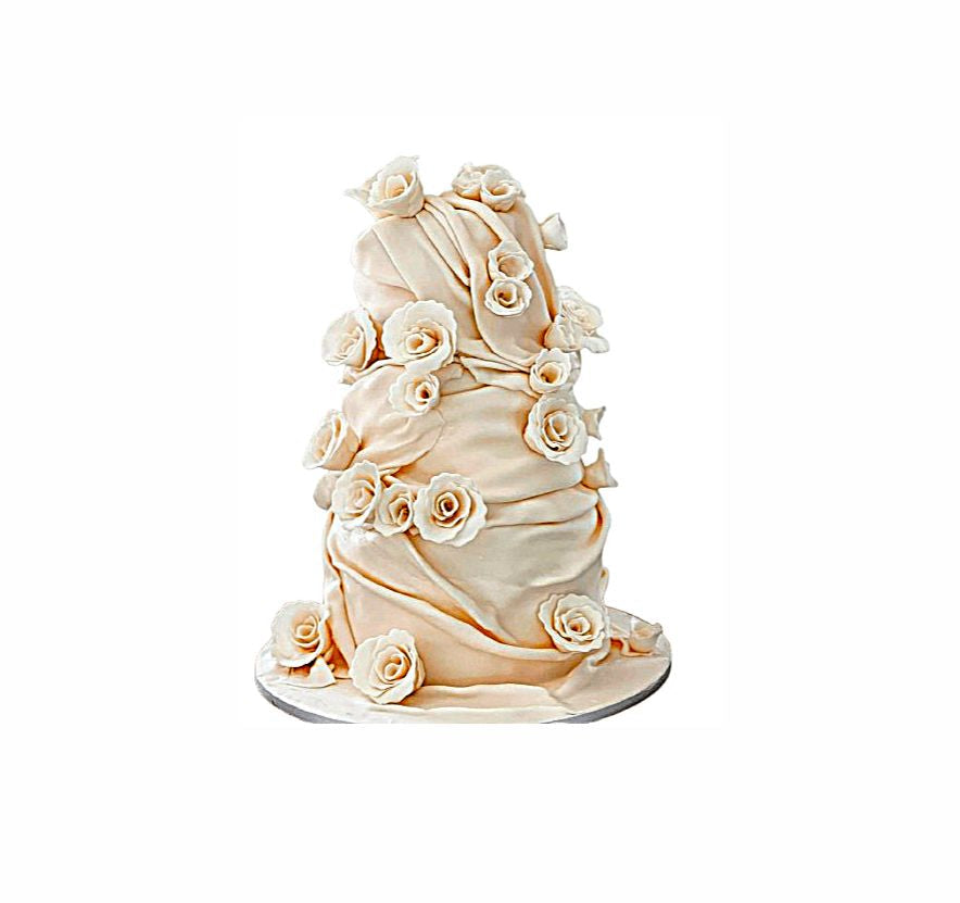 Peach Wedding Cake with Edible Draping & Handmade Fabric-Style Roses – Elegant Engagement Cake | Abu Dhabi & UAE Delivery in Abu Dhabi | Wedding / Engagement Cakes Delivery UAE – Legrandeuae