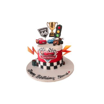 Cars Themed Racing Birthday Cake Lightning McQueen Cartoon Cake with Route 66 & Checkered Design - Abu Dhabi