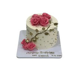 Elegant Pink Rose Floral Birthday Cake with Gold Leaf & Pearl Details - Abu Dhabi in Abu Dhabi | Birthday cakes - Children Delivery UAE – Legrandeuae