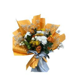 Orange & White Fresh Flower Bouquet with Roses, Chrysanthemums & Baby’s Breath - Abu Dhabi