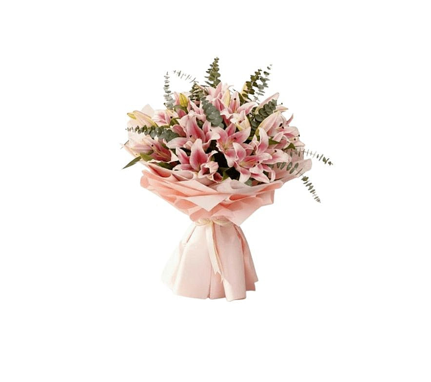Pink Graduation Flower Bouquet with Eucalyptus – Elegant Pink Wrapped Bouquet | Abu Dhabi & UAE Delivery in Abu Dhabi | Graduation Day Flowers Delivery UAE – Legrandeuae