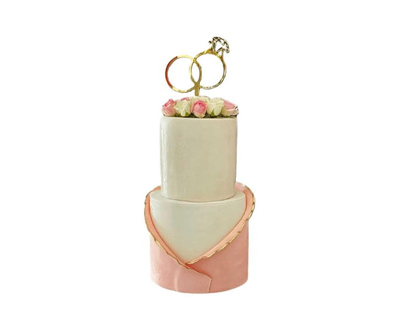 Two-Tier Rose Gold Engagement Cake with Pink & White Flowers and Ring Topper – Luxury Wedding Cake | Abu Dhabi & UAE Delivery in Abu Dhabi | Wedding / Engagement Cakes Delivery UAE – Legrandeuae