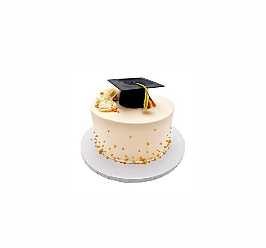 Journey Complete Graduation Cake in Peach with Golden Dots – Elegant Graduation Cake | Abu Dhabi & UAE Delivery in Abu Dhabi | Graduations Cakes Delivery UAE – Legrandeuae