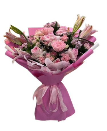 Blush Elegance Anniversary  Bouquet -A stunning mix of fresh pink blooms and lush greenery, beautifully wrapped in elegant blush and magenta tones for a romantic, luxurious finish