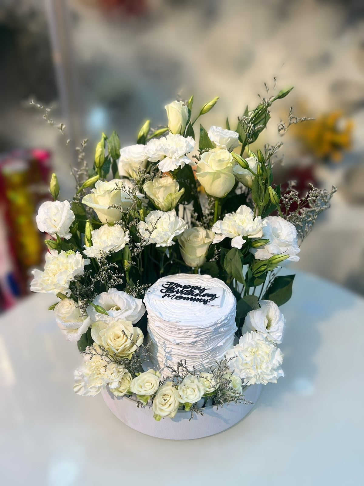 All-White Floral Nest with Nutella Cake – Cake & Flower Combo Abu Dhabi in Abu Dhabi | mothers day cakes Delivery UAE – Legrandeuae