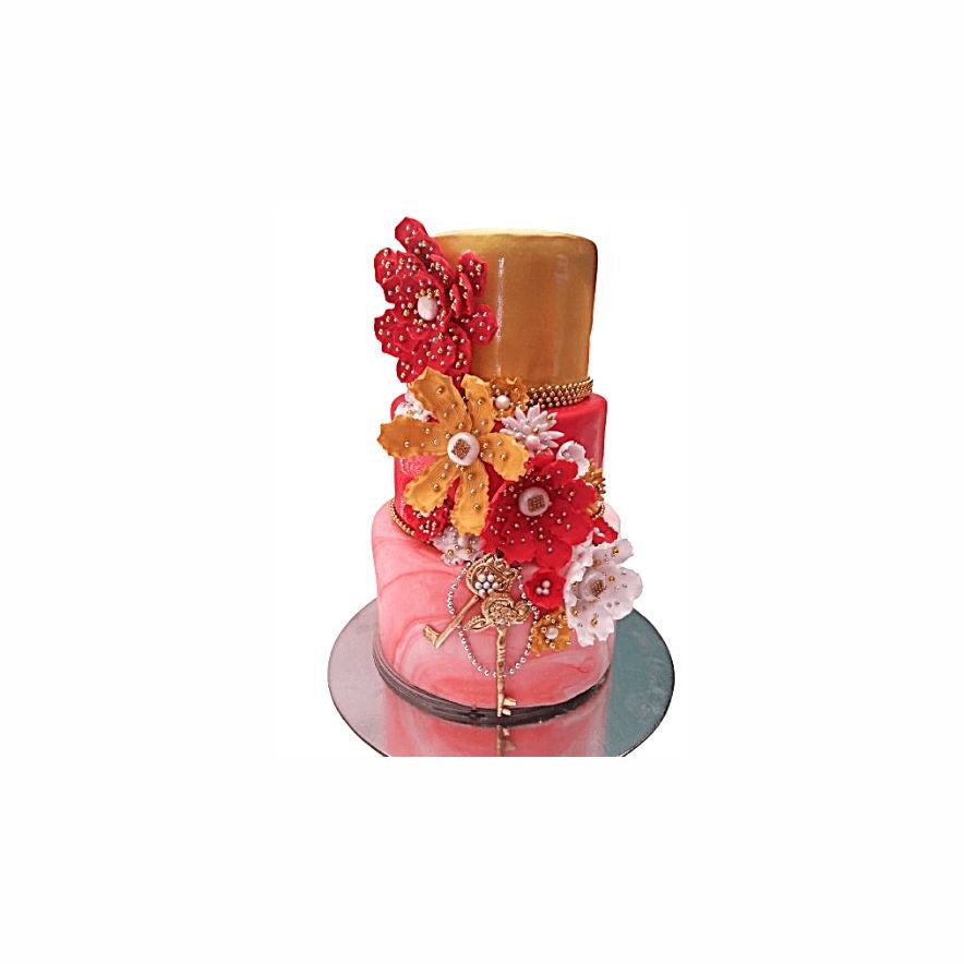 Three-Tier Cylindrical Wedding Cake with Arabic Floral Art – Colorful Engagement Cake | Abu Dhabi & UAE Delivery in Abu Dhabi | Wedding / Engagement Cakes Delivery UAE – Legrandeuae
