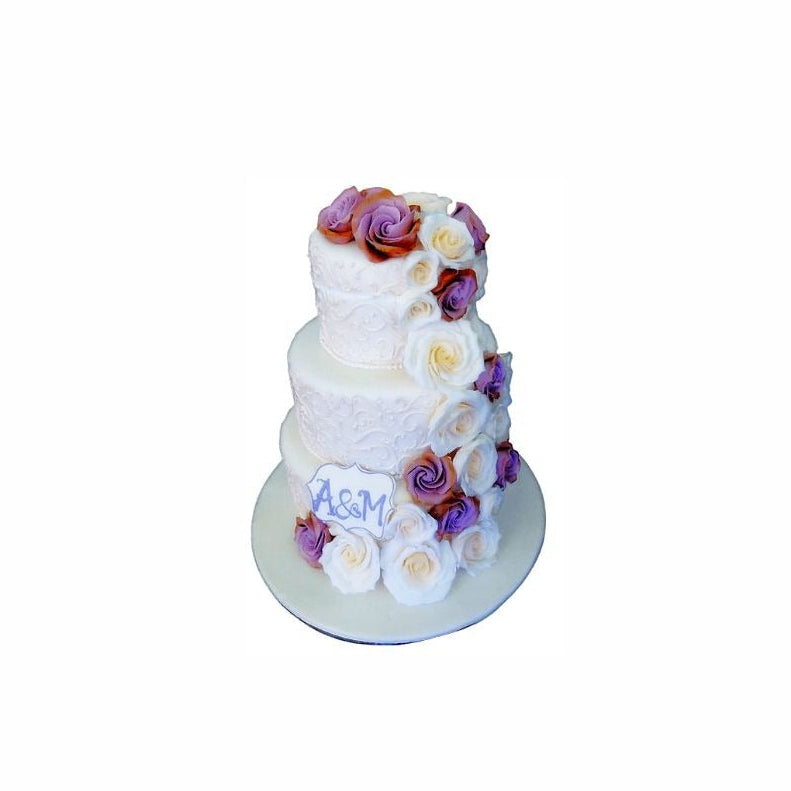 Three-Tier Wedding Cake with Intricate White Icing & Floral Design – Elegant Engagement Cake | Abu Dhabi & UAE Delivery in Abu Dhabi | Wedding / Engagement Cakes Delivery UAE – Legrandeuae