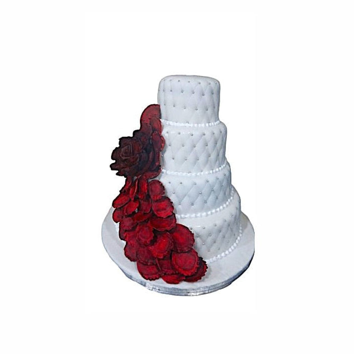 Multi-Layer White Wedding Cake with Cushion Design & Red Roses – Luxury Engagement Cake | Abu Dhabi & UAE Delivery in Abu Dhabi | Wedding / Engagement Cakes Delivery UAE – Legrandeuae