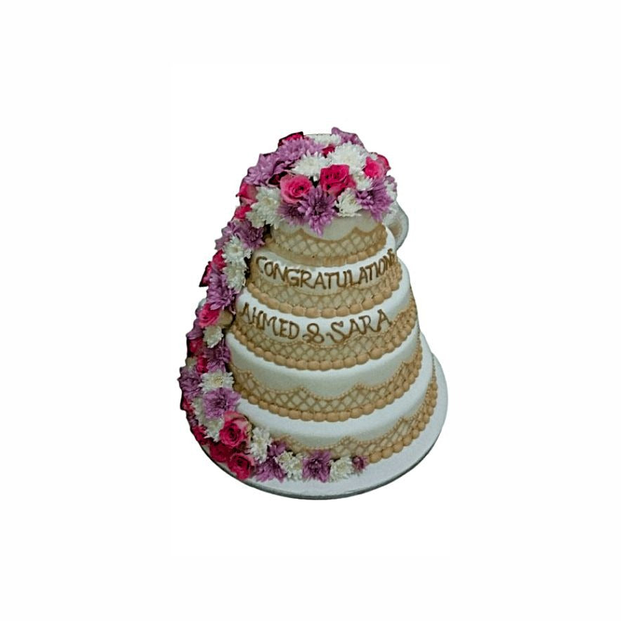 Five-Layer White Wedding Cake with Gold Patterns & Cascading Flowers – Luxury Engagement Cake | Abu Dhabi & UAE Delivery in Abu Dhabi | Wedding / Engagement Cakes Delivery UAE – Legrandeuae