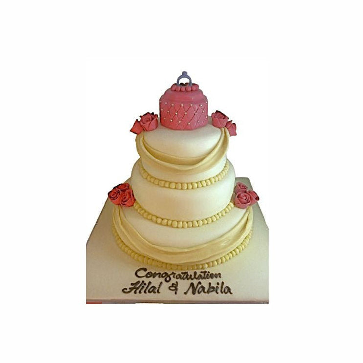 Three-Tier UAE Traditional Wedding Cake with Gold Detailing & Ring Topper – Luxury Engagement Cake | Abu Dhabi & UAE Delivery in Abu Dhabi | Wedding / Engagement Cakes Delivery UAE – Legrandeuae
