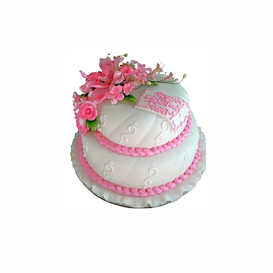 Two-Tier Wedding Cake with White Frosting, Pink Piping & Floral Top – Elegant Engagement Cake | Abu Dhabi & UAE Delivery in Abu Dhabi | Wedding / Engagement Cakes Delivery UAE – Legrandeuae
