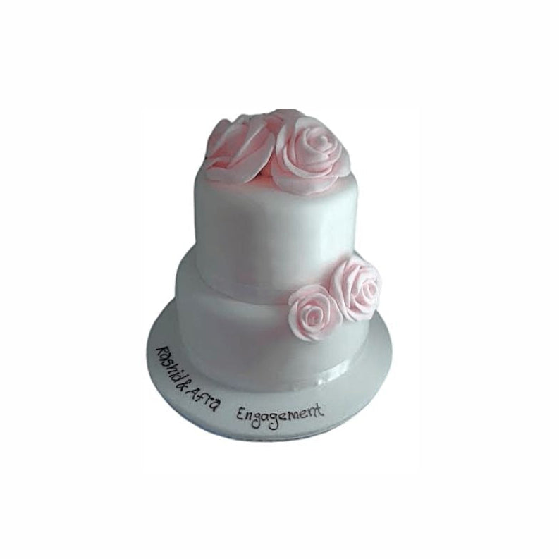 Two-Tier White Wedding Cake with Handmade Pink Roses – Elegant Engagement Cake | Abu Dhabi & UAE Delivery in Abu Dhabi | Wedding / Engagement Cakes Delivery UAE – Legrandeuae