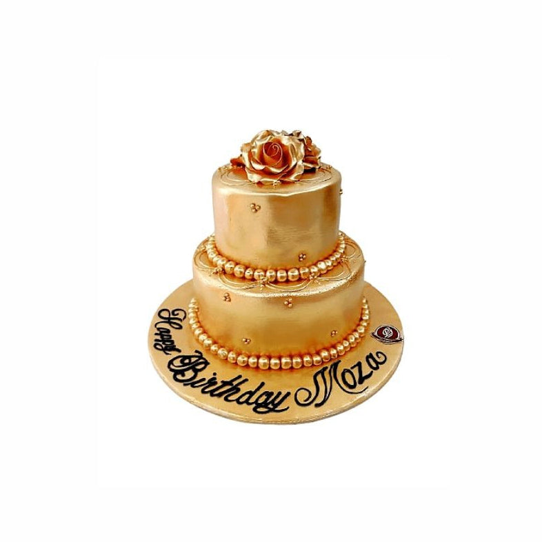 Two-Tier Golden Wedding Cake with Pearls & Rose Topper – Luxury Engagement Cake | Abu Dhabi & UAE Delivery in Abu Dhabi | Wedding / Engagement Cakes Delivery UAE – Legrandeuae