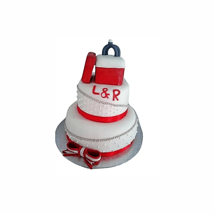 Two-Tier White Celebration Cake with Red Ribbon & Bow – Elegant Engagement Cake | Abu Dhabi & UAE Delivery in Abu Dhabi | Wedding / Engagement Cakes Delivery UAE – Legrandeuae