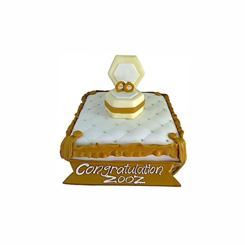 Cushion Design Ring Box Cake – White & Gold Engagement Masterpiece | Abu Dhabi & UAE Delivery in Abu Dhabi | Wedding / Engagement Cakes Delivery UAE – Legrandeuae