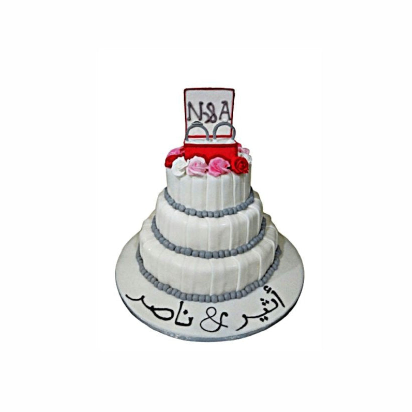Nikah Mubarak Three-Tier 3D Ring Box Wedding Cake – Luxury Engagement Cake | Abu Dhabi & UAE Delivery in Abu Dhabi | Wedding / Engagement Cakes Delivery UAE – Legrandeuae