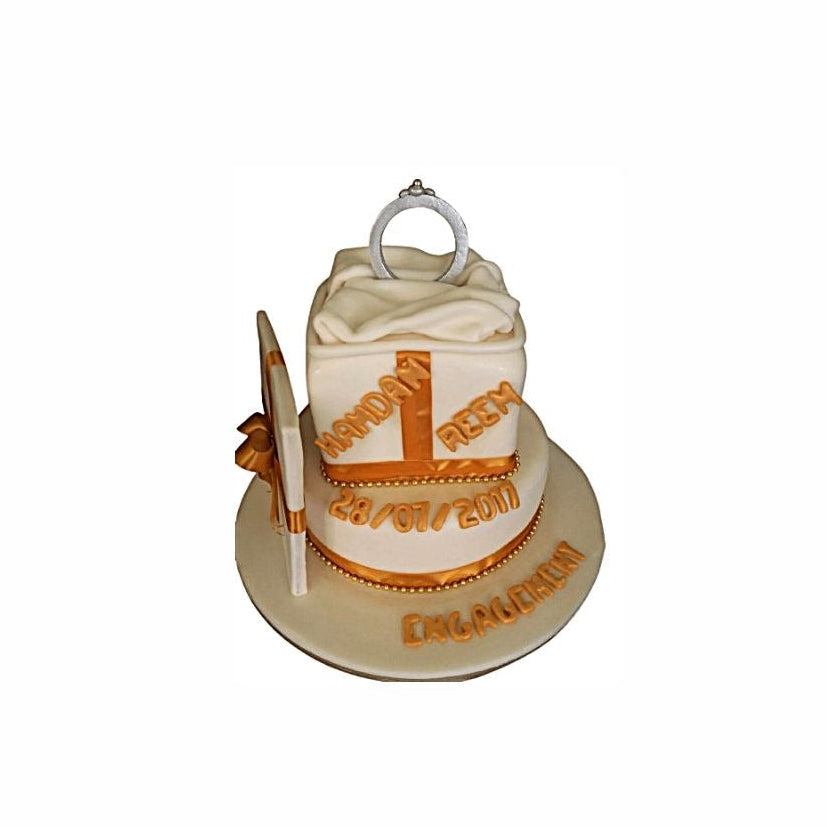 Square Bridal Shower Cake on Dome with Handcrafted Ring Topper – Elegant Engagement Cake | Abu Dhabi & UAE Delivery in Abu Dhabi | Wedding / Engagement Cakes Delivery UAE – Legrandeuae